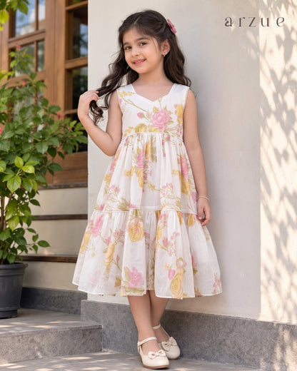 Floral Ivory Printed Chanderi – Frock