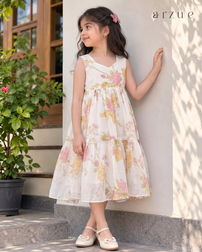 Floral Ivory Printed Chanderi – Frock