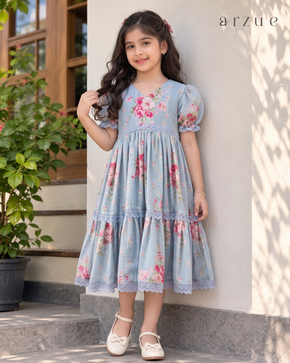 Sky Blue Rose Printed Chanderi – Frock