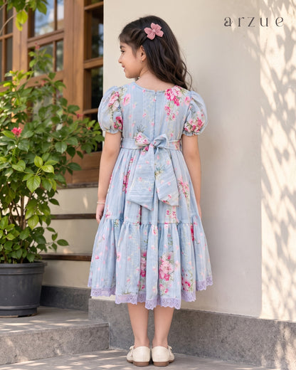 Sky Blue Rose Printed Chanderi – Frock
