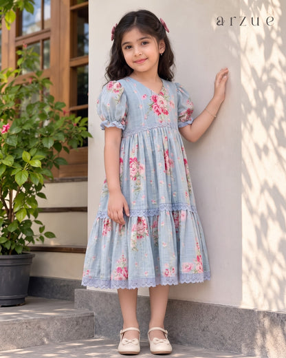 Sky Blue Rose Printed Chanderi – Frock