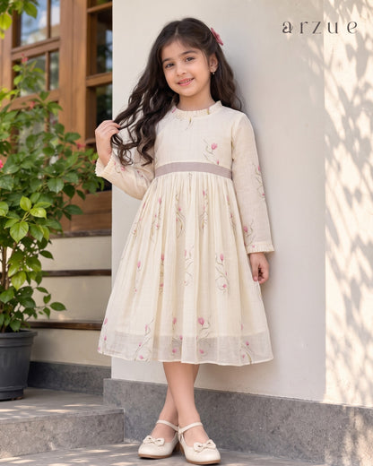 Ivory Pink Floral Printed Chanderi – Frock
