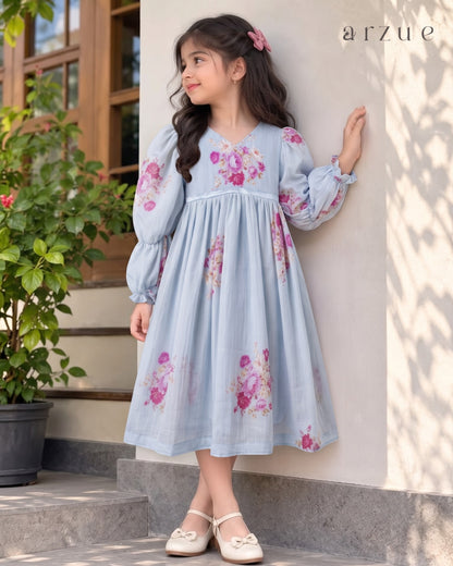 Blue Petal Printed Chanderi – Frock