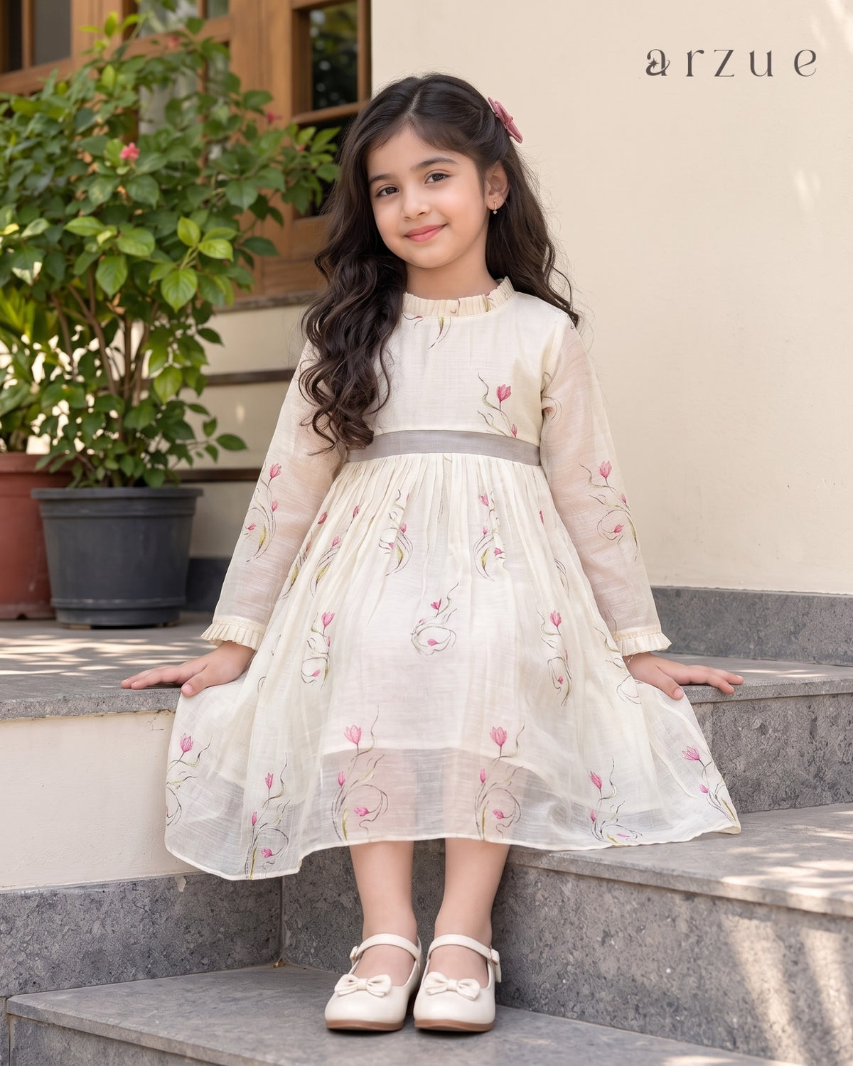Ivory Pink Floral Printed Chanderi – Frock