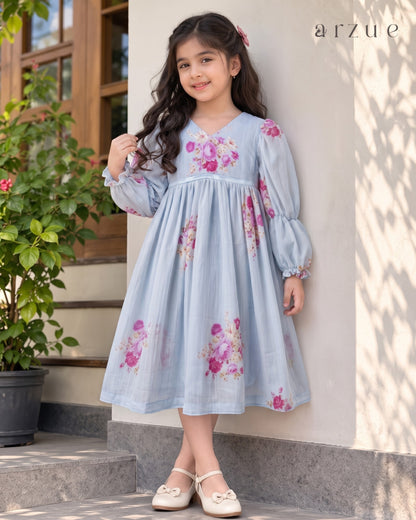 Blue Petal Printed Chanderi – Frock