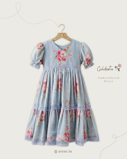 Sky Blue Rose Printed Chanderi – Frock